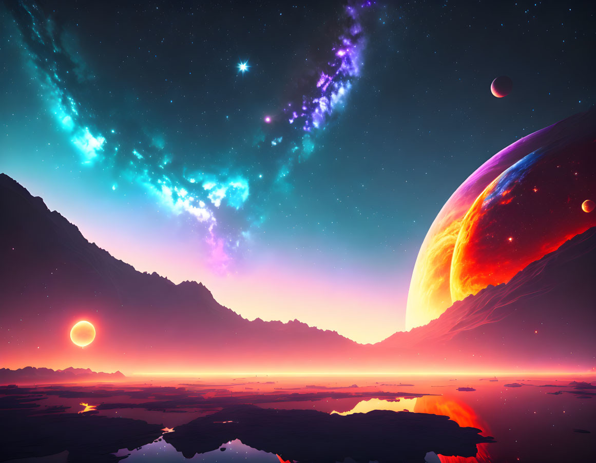 Colorful sci-fi landscape with red planet, celestial bodies, starry sky, and mountain silhouette in