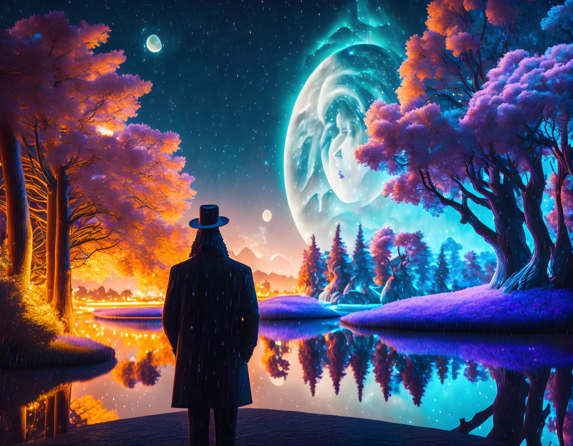 Person in hat gazes at alien landscape with moons, glowing trees, and starry sky