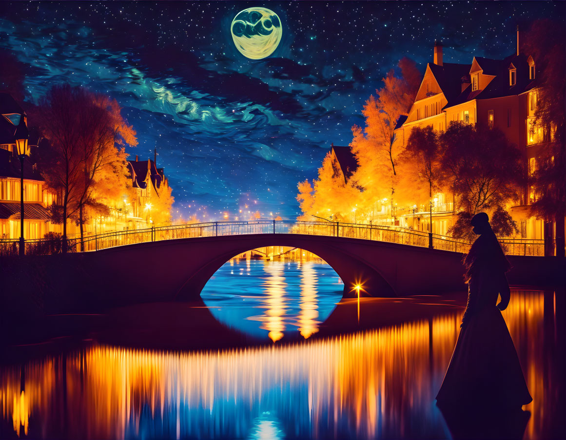 Silhouette by canal: illuminated buildings, bridge, starry night, moon