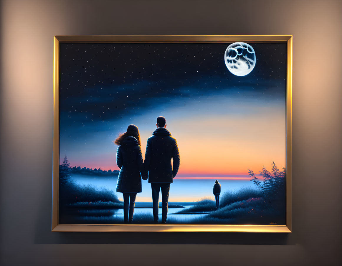 Couple holding hands under full moon and stars in framed scene