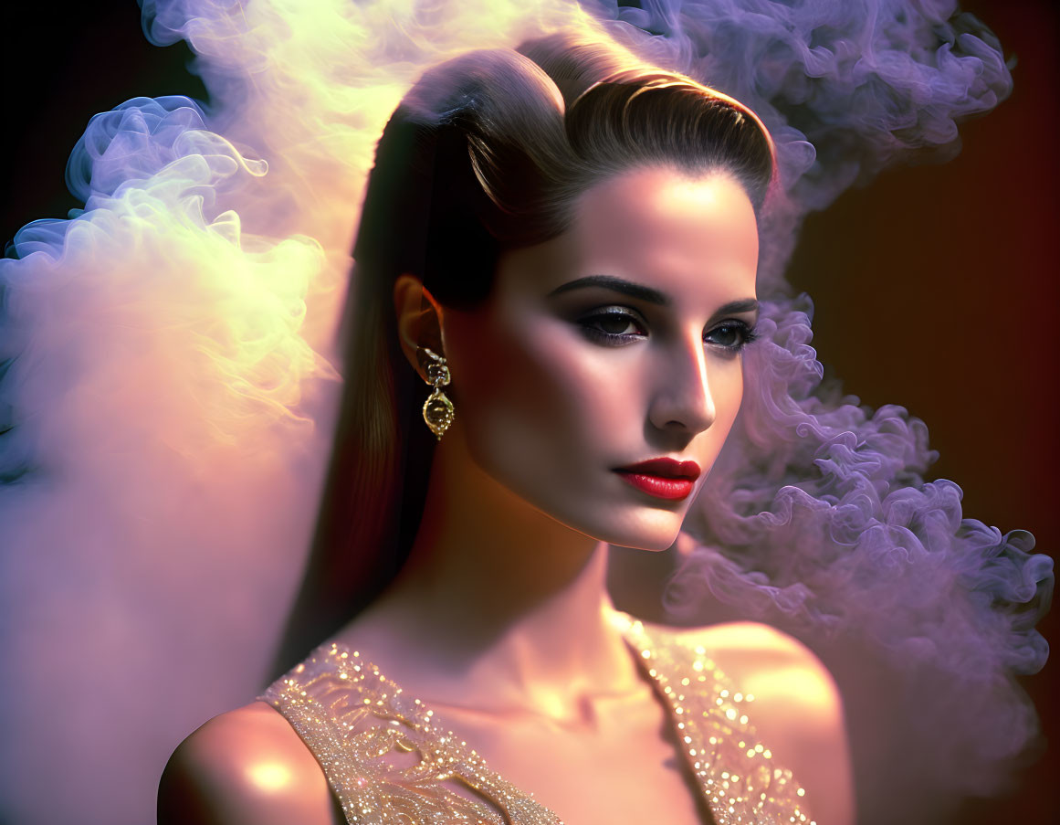 Sleek Hair Woman with Red Lipstick and Earring on Smoky Backdrop