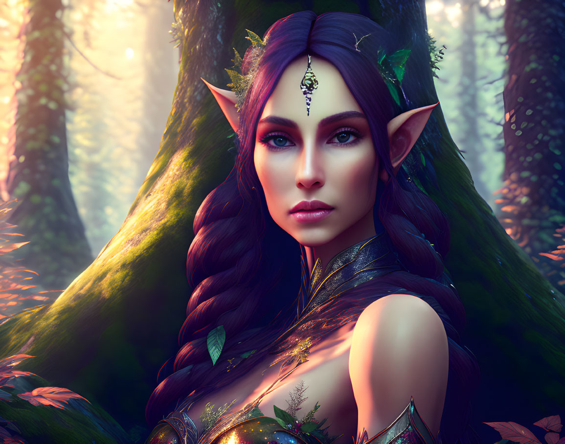 Elf woman with pointed ears, braided hair, intricate jewelry in enchanted forest