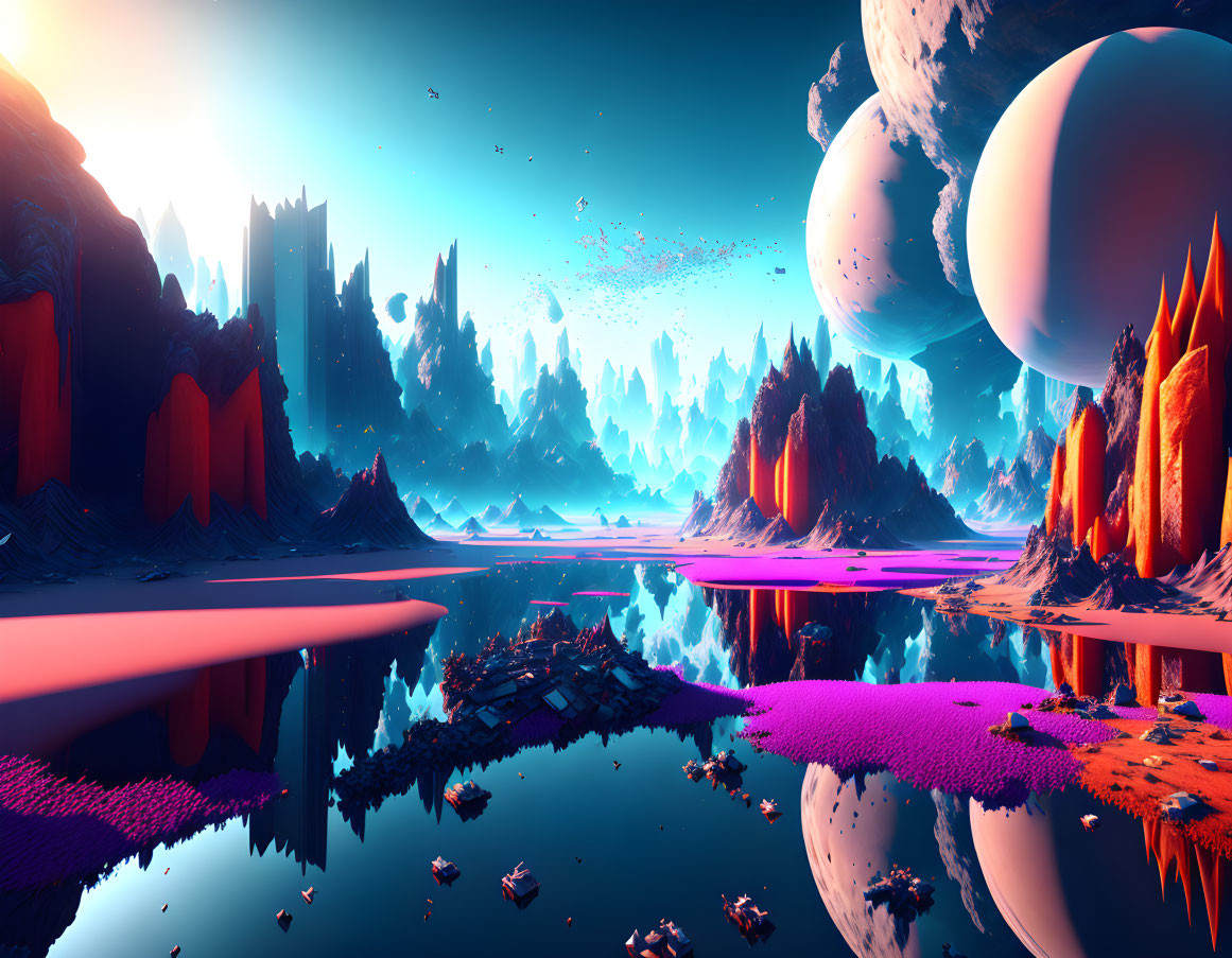 Dual-toned alien landscape with celestial bodies, water bodies, and floating rocks.