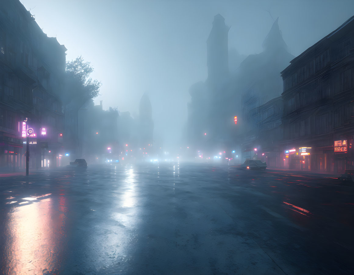 Foggy city street at night with glowing traffic lights and neon signs