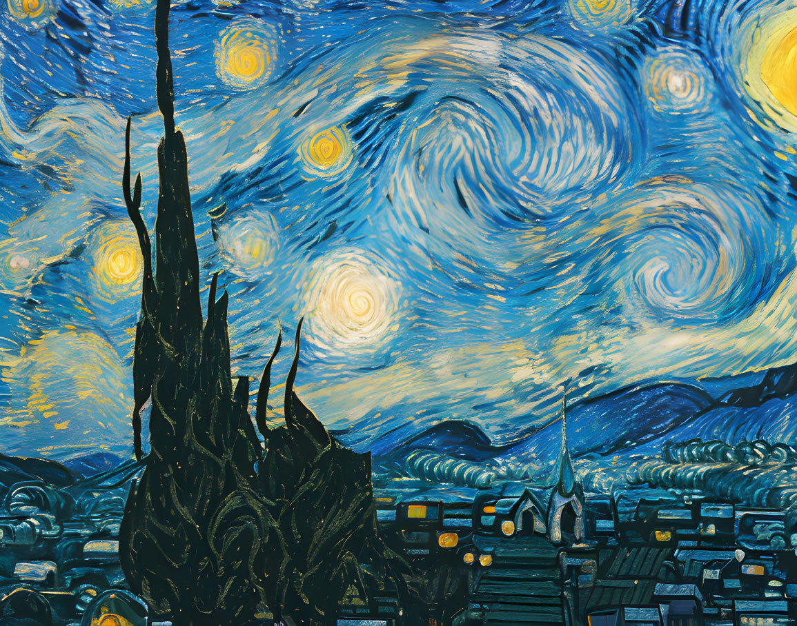 Starry night painting with crescent moon, glowing stars, and village landscape