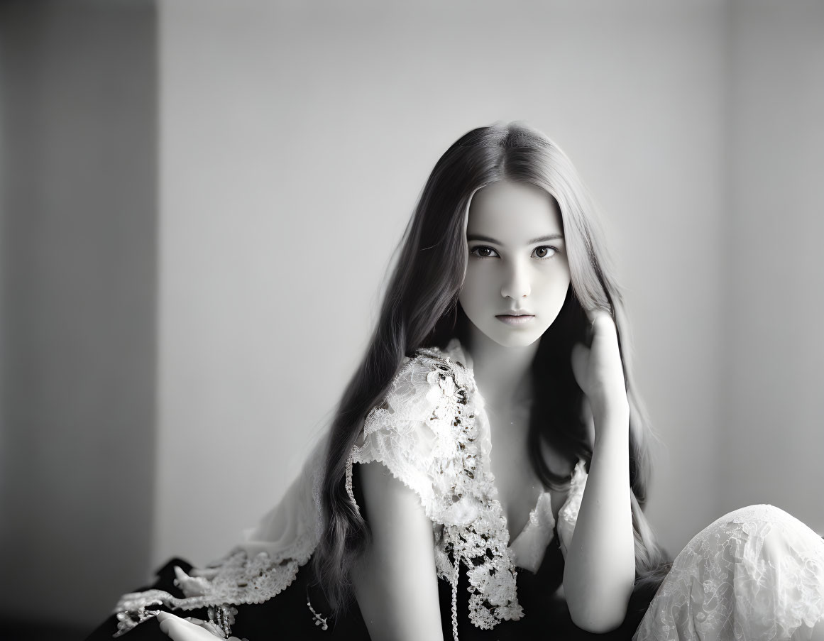 Monochrome portrait of woman in lace garment, long hair, hand near face