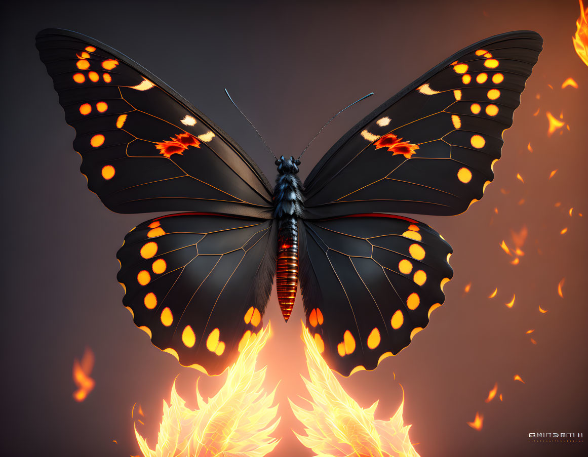 Vibrant butterfly with black and red wings amidst fiery shapes