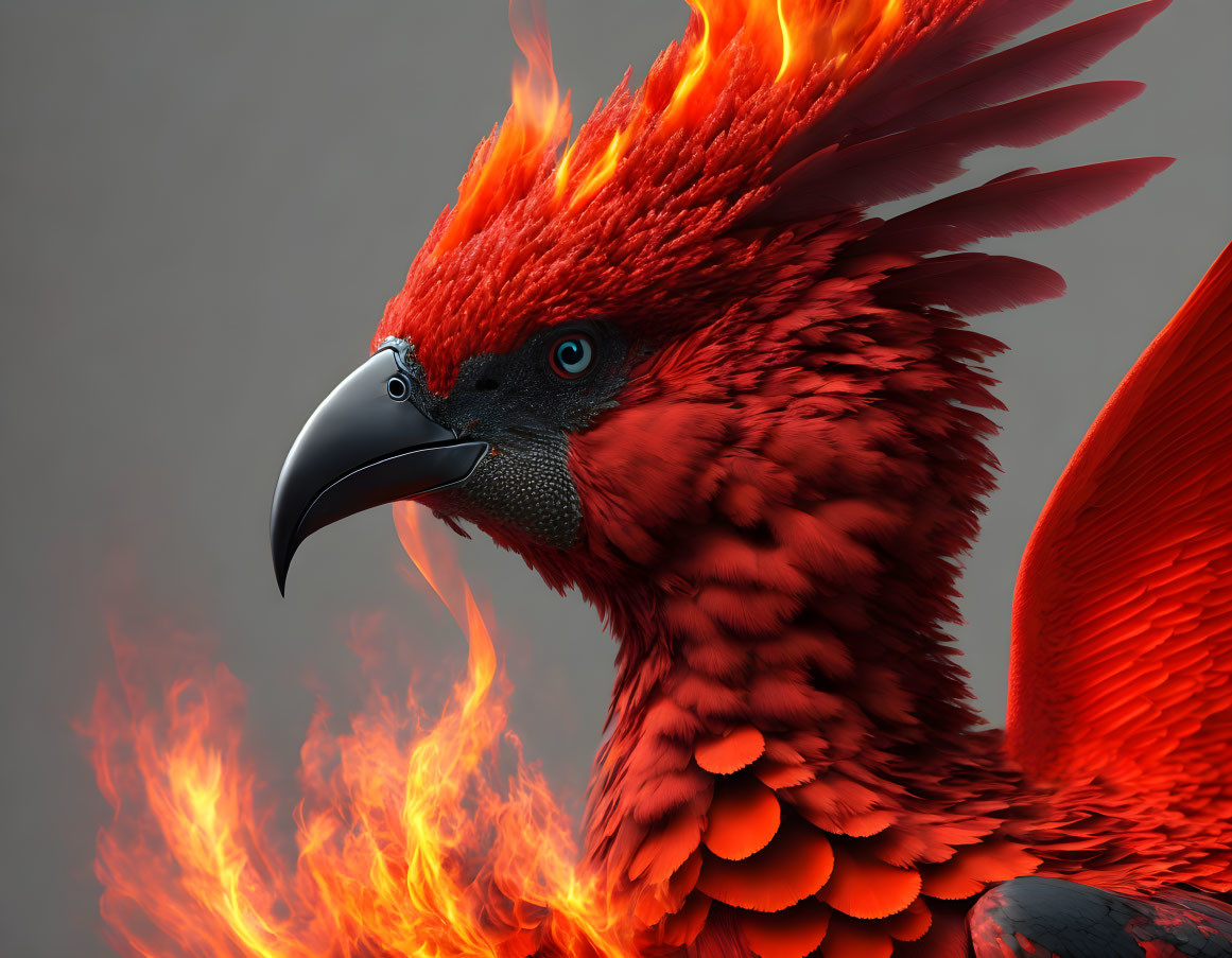 Fiery red phoenix digital illustration symbolizing rebirth