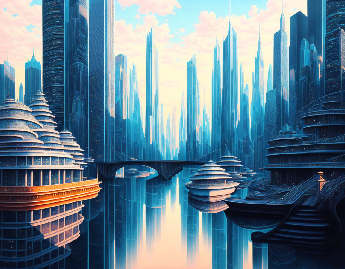 Sleek skyscrapers in a futuristic cityscape with reflective surfaces