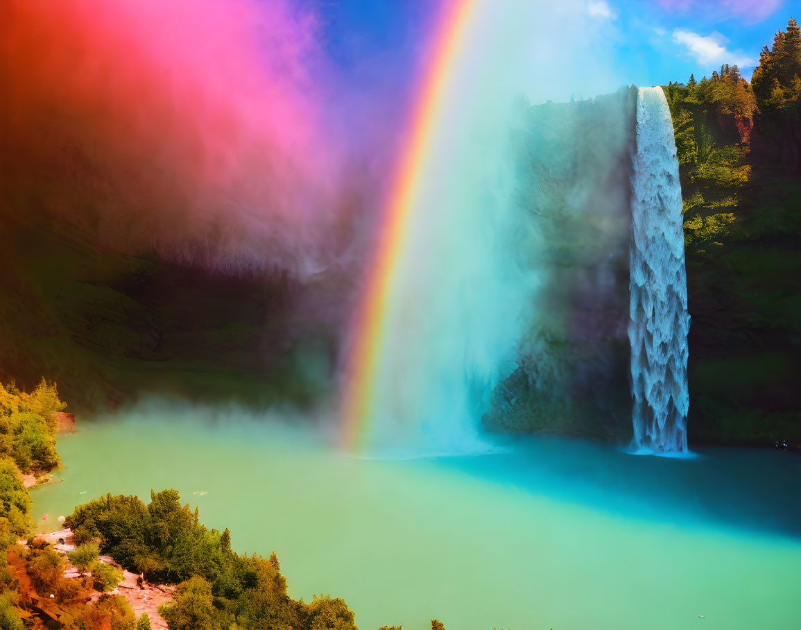 Vibrant rainbow over misty waterfall and emerald pool surrounded by lush greenery