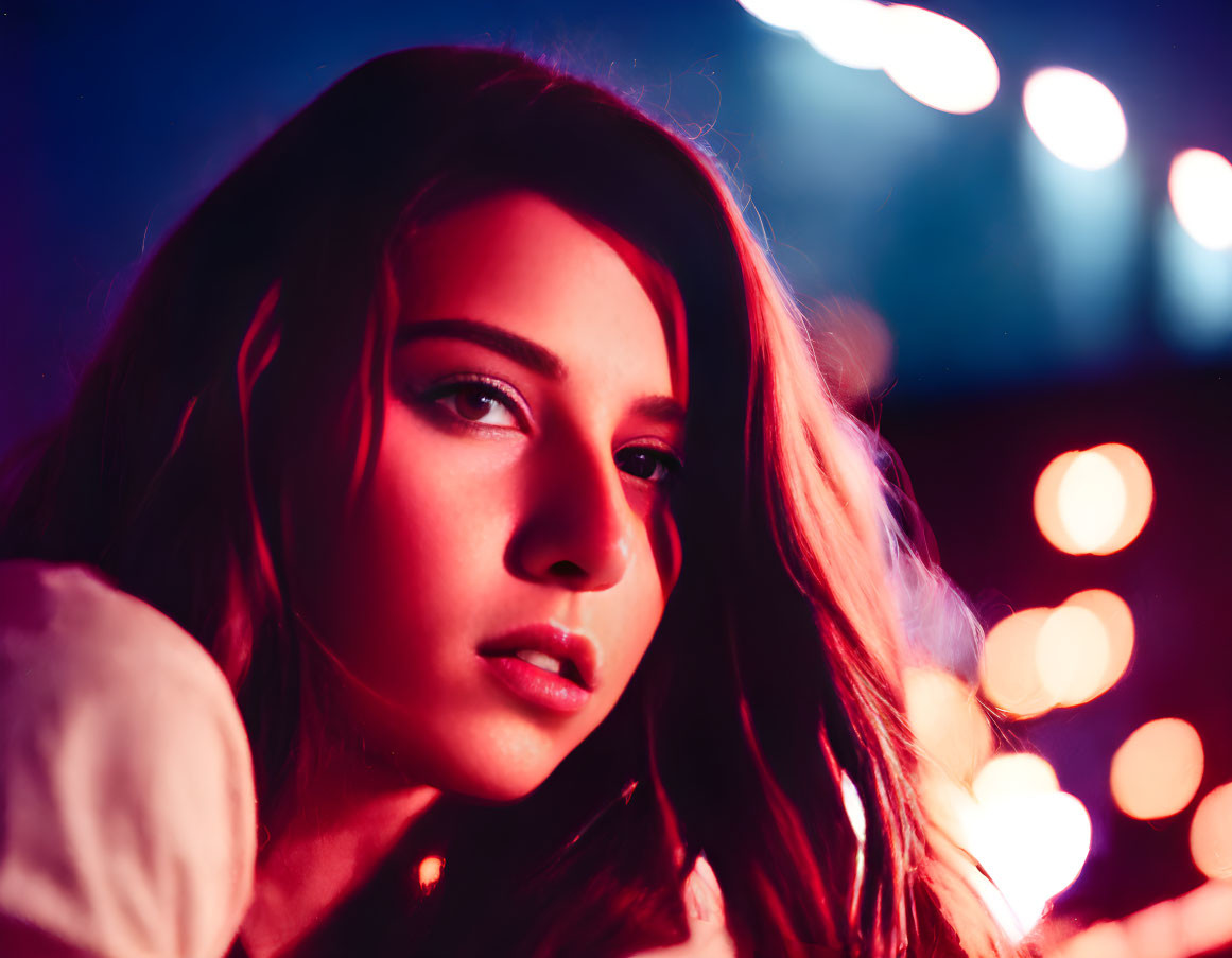 Contemplative woman in warm red and blue neon lights