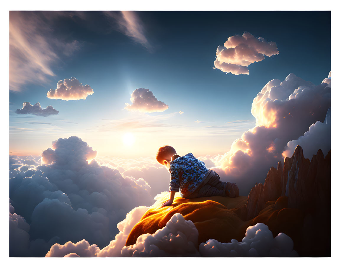 Child admiring surreal sunset above fluffy clouds