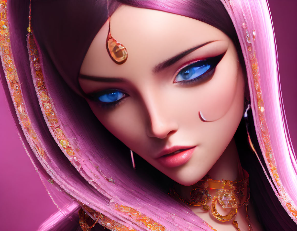 Digital portrait of woman with blue eyes, golden jewelry, and pink headscarf