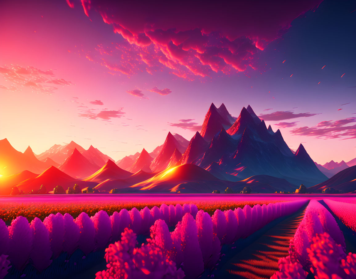 Majestic mountains and purple sky in surreal landscape