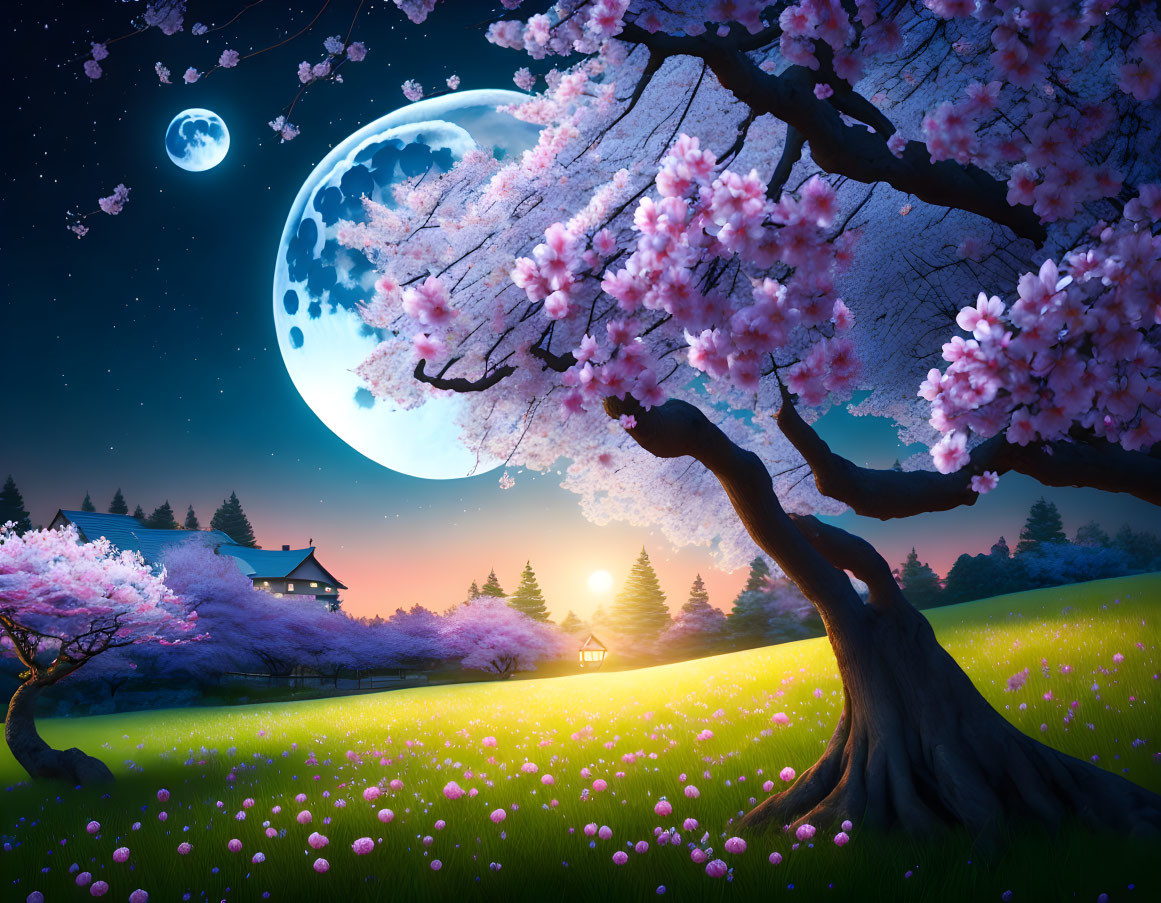 Fantastical landscape with cherry blossoms, large moon, traditional building, glowing sky