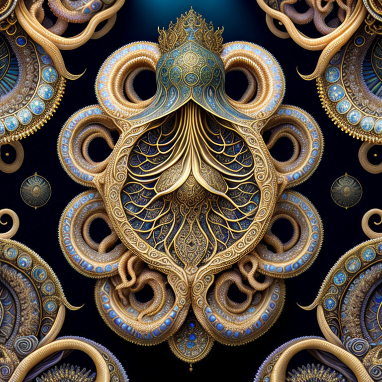 Intricate fractal design: central peacock motif, ornate spiral elements in gold and blue