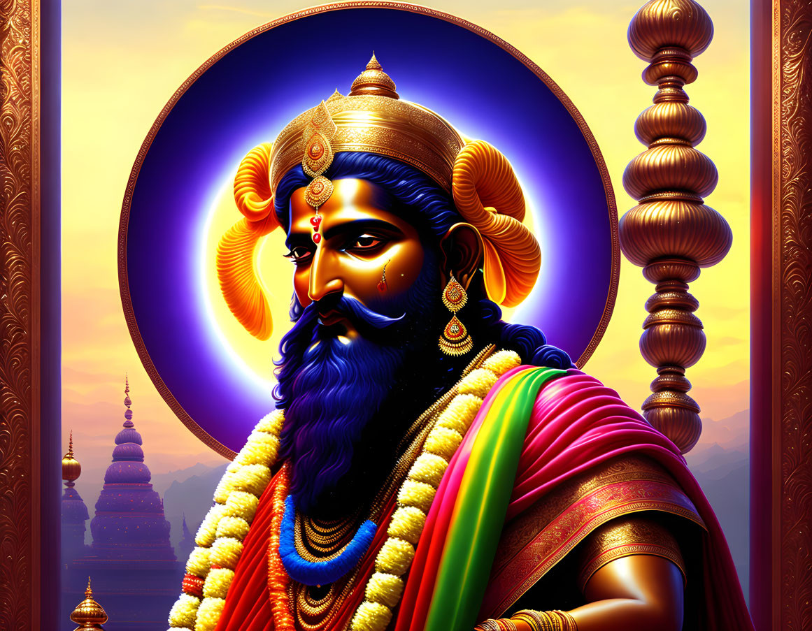 Majestic character with blue halo in traditional attire and crown against temple backdrop at sunset