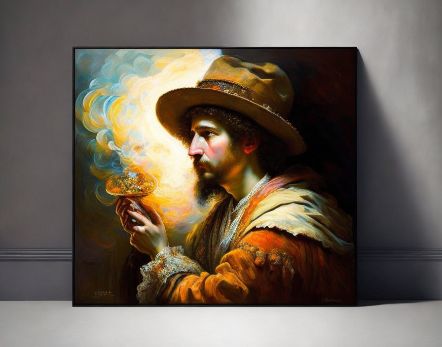 Bearded man with glowing orb in oil painting on gray wall