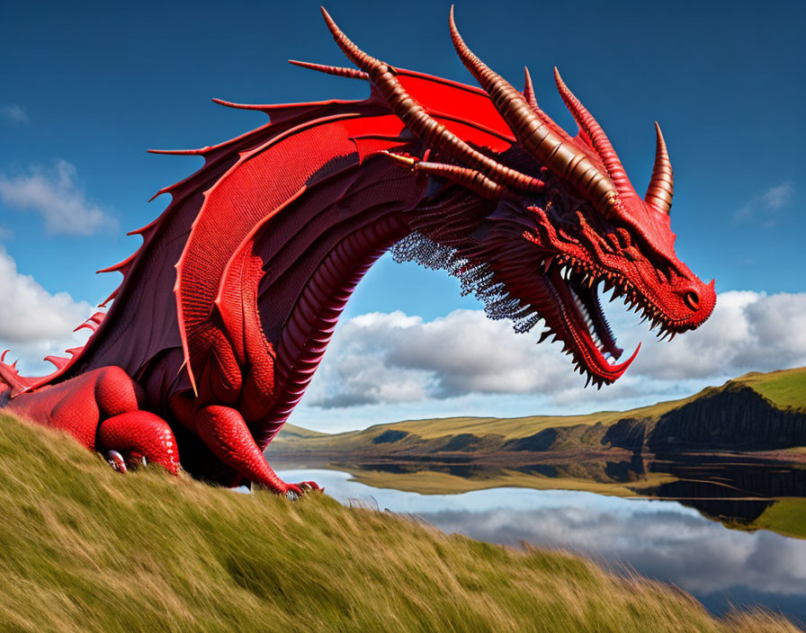 Red dragon with multiple horns overlooking tranquil lake