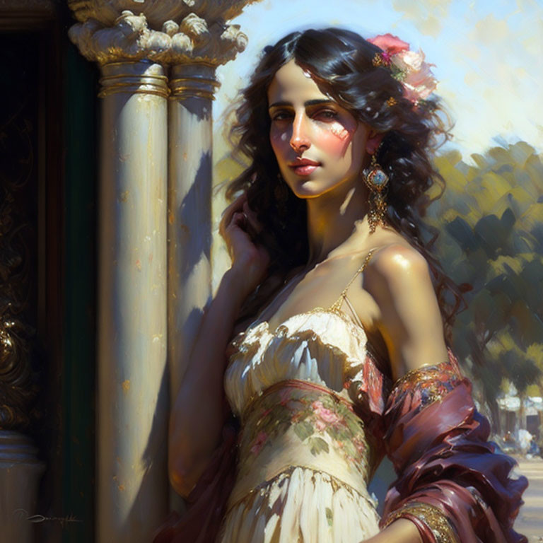 Vintage dress woman leaning against column in sunlit setting