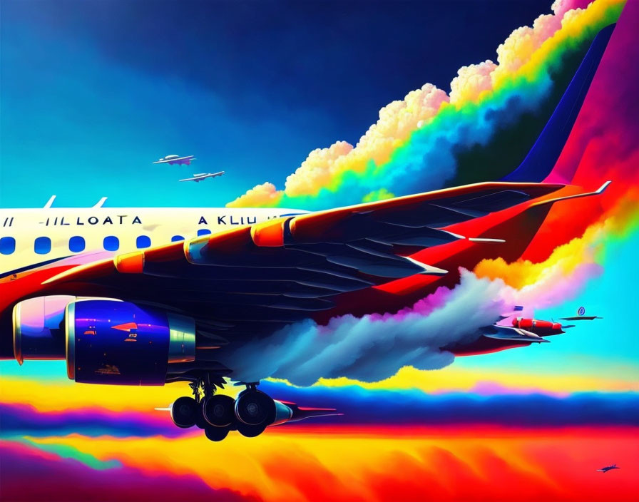 Colorful sunset sky with airplane taking off and silhouetted planes.