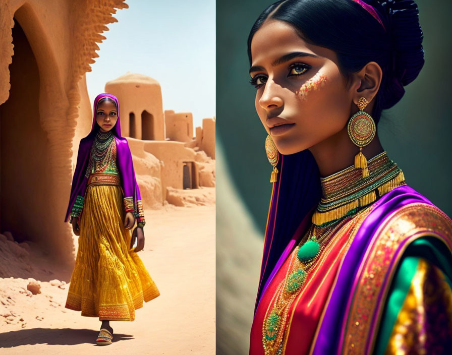 Woman in vibrant traditional attire with elaborate jewelry against ancient desert architecture.