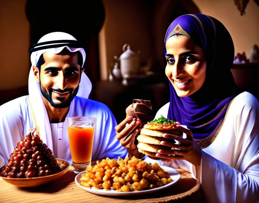 Middle Eastern-themed animated characters dining with traditional attire.