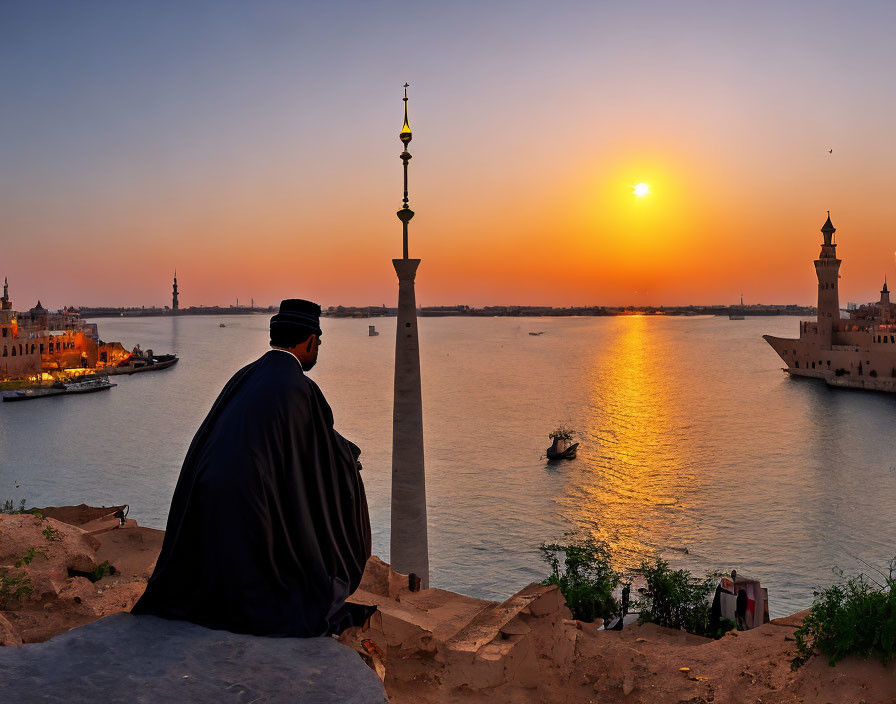 Traditional Attire Figure by Serene River at Sunset