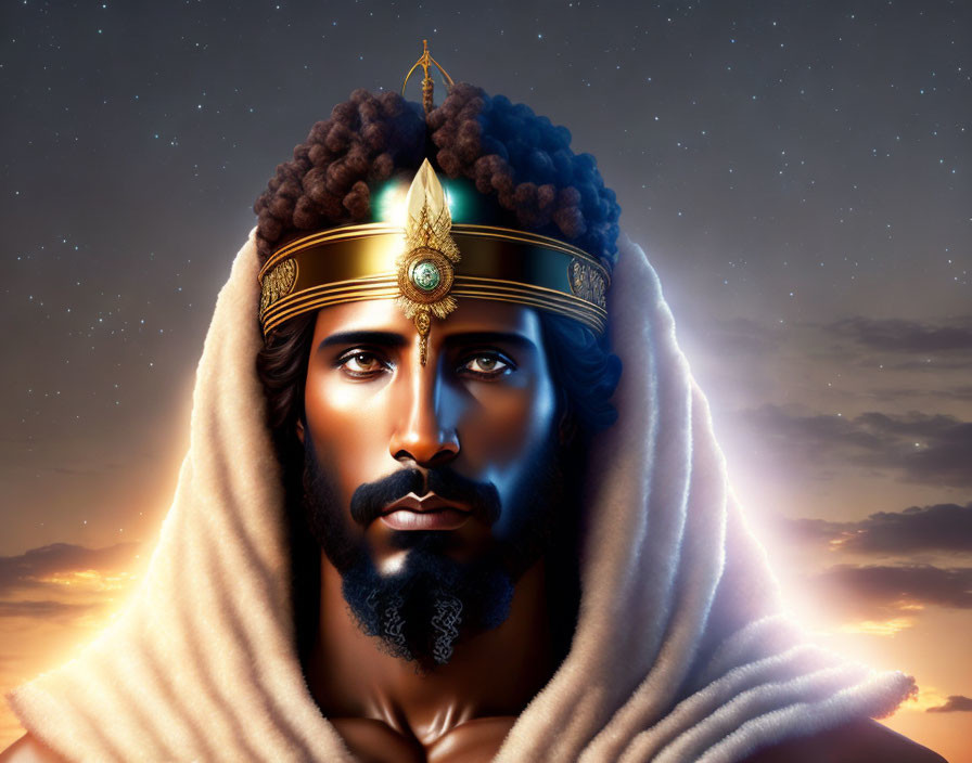 Regal man with full beard in golden crown and white cloak under starry sky.