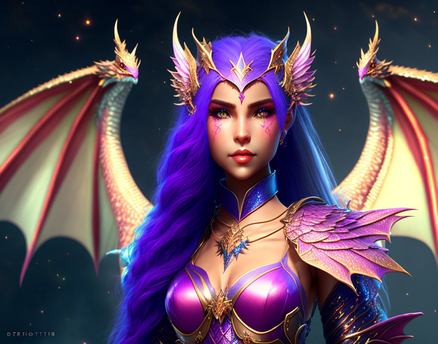 Fantasy digital art of female character with purple hair, dragon wings, and golden armor