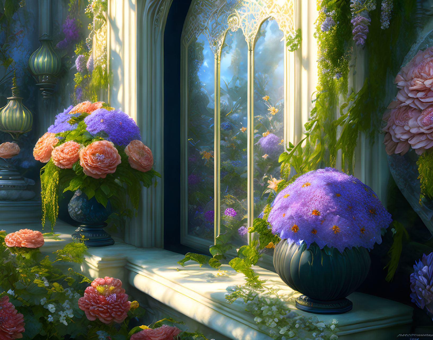 Floral arrangements on stone pedestals by ornate window with sunlight filtering through