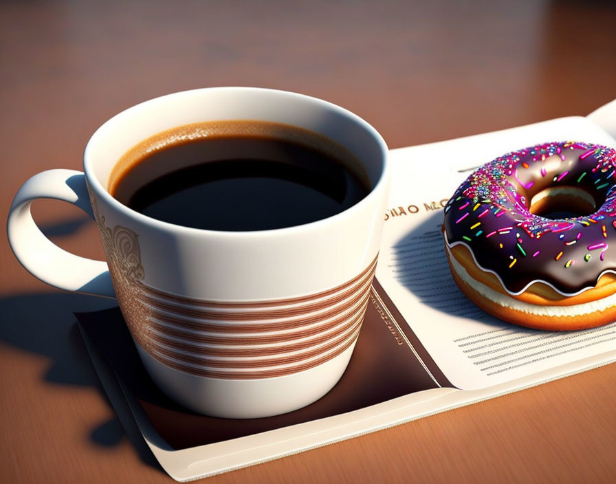 Steaming coffee cup with purple-glazed donut on wooden surface