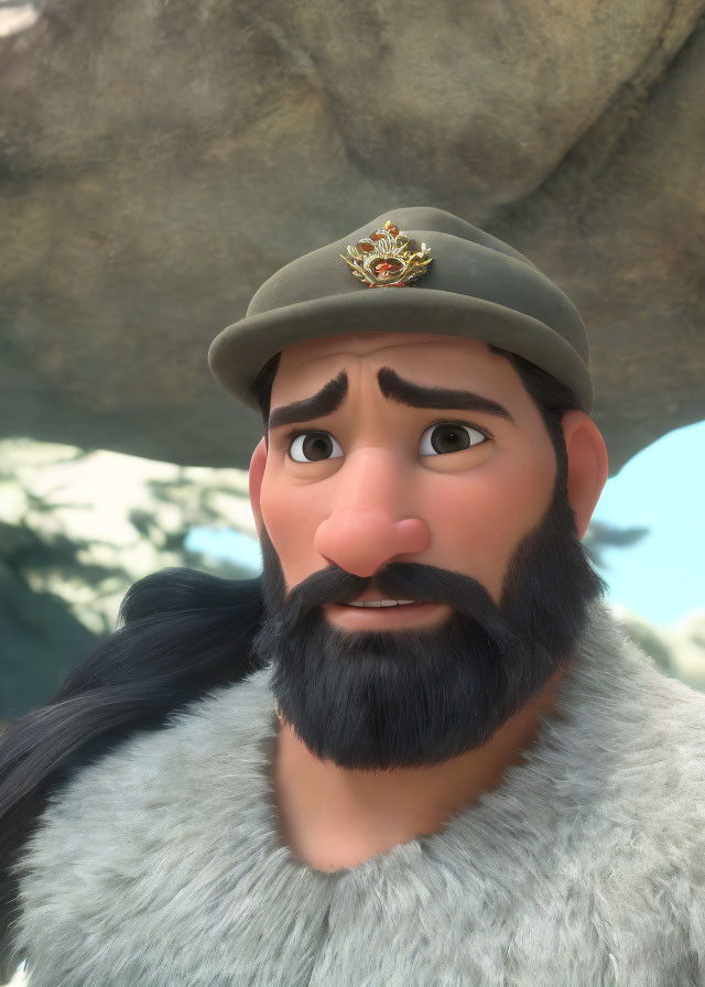 Close-up of 3D animated male character with black beard in gray military hat