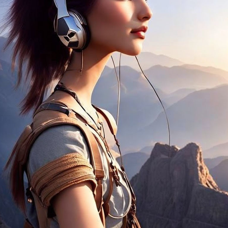 Digital artwork: Woman with headphones gazing at mountains