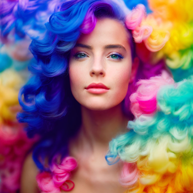 Multicolored hair woman with striking blue eyes on vibrant background