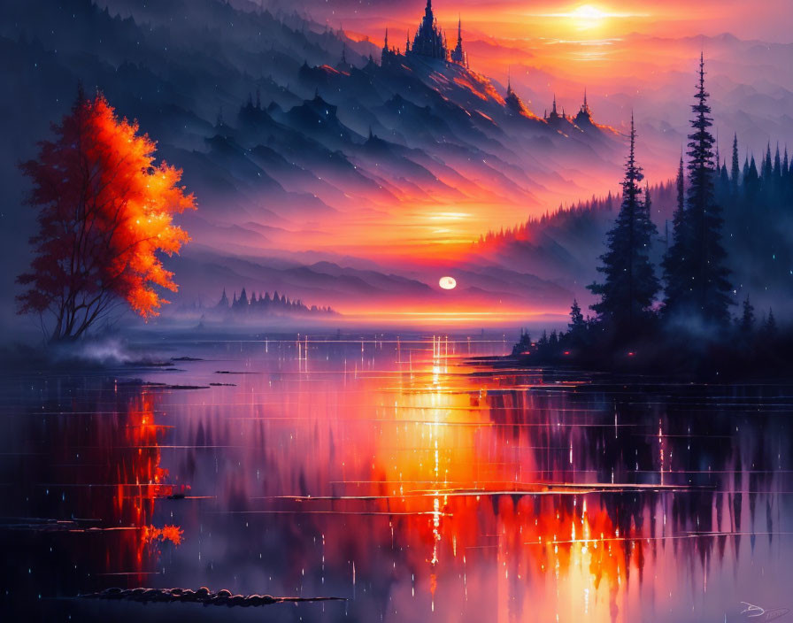 Tranquil sunset landscape with vibrant orange and pink hues reflected on a calm lake