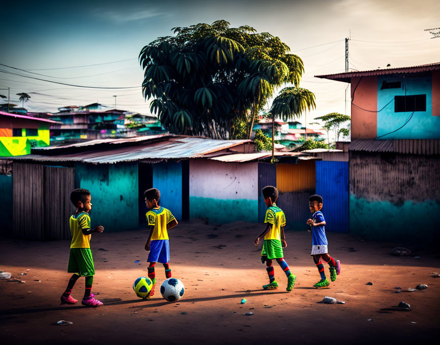 Four children playing soccer in colorful alleyway