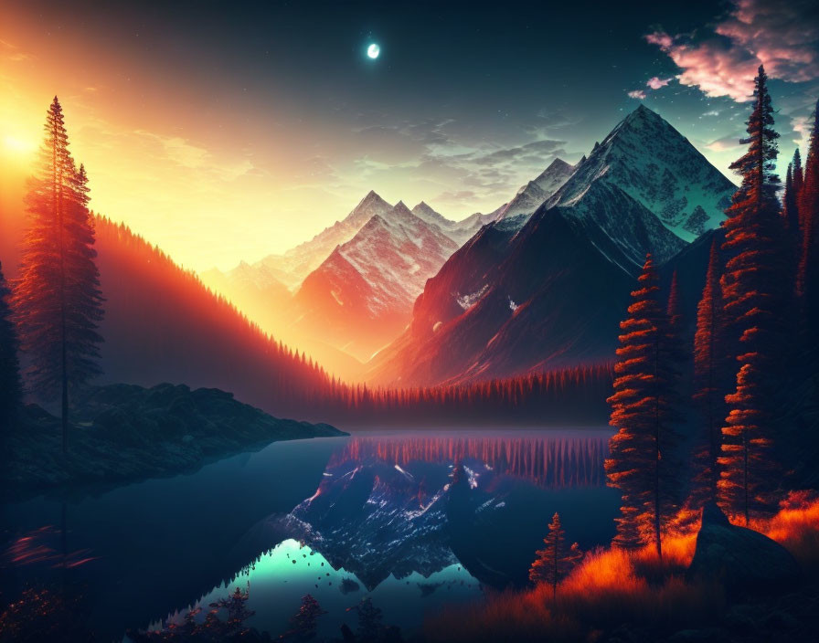 Snow-capped mountains, reflective lake, pine trees, moonlit sky in twilight to dark blue gradient