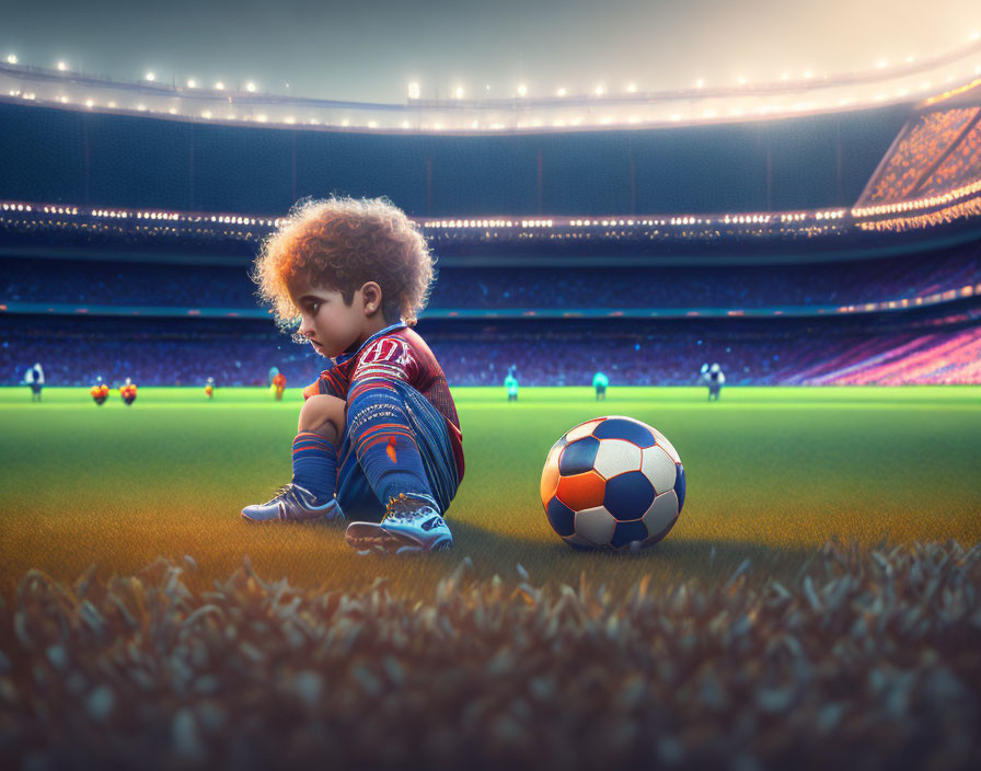 Curly-Haired Child in Football Kit Sitting on Pitch in Stadium