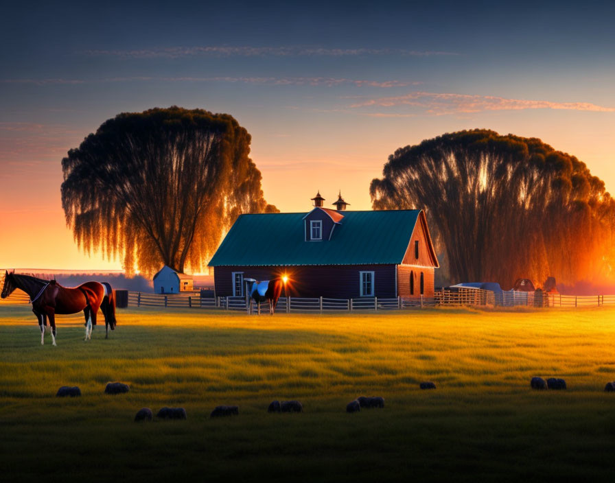 Rural sunset landscape with red barn, grazing horses, hay bales, and silhouetted