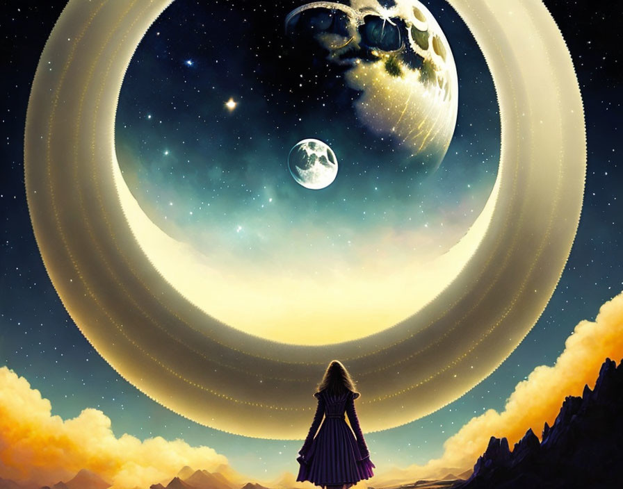 Girl in Purple Dress Surrounded by Cosmic Rings, Planets, and Stars