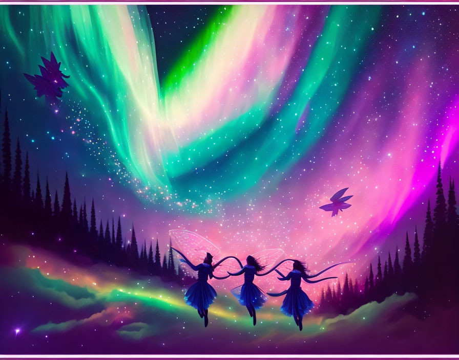 Silhouetted fairies above forest under vibrant aurora-filled sky