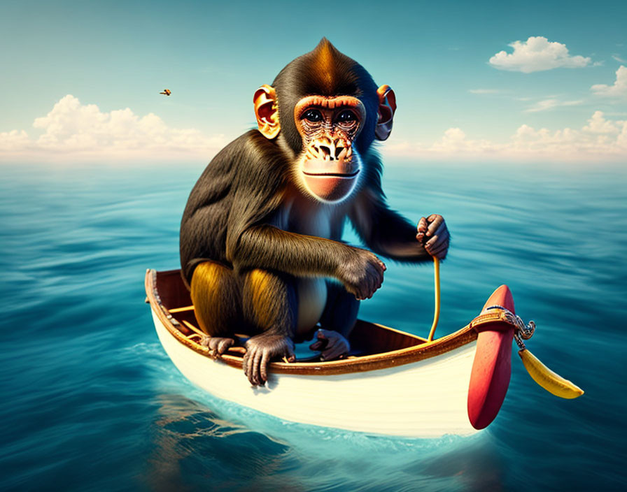 Young chimpanzee rowing boat on tranquil sea with seagull in distance