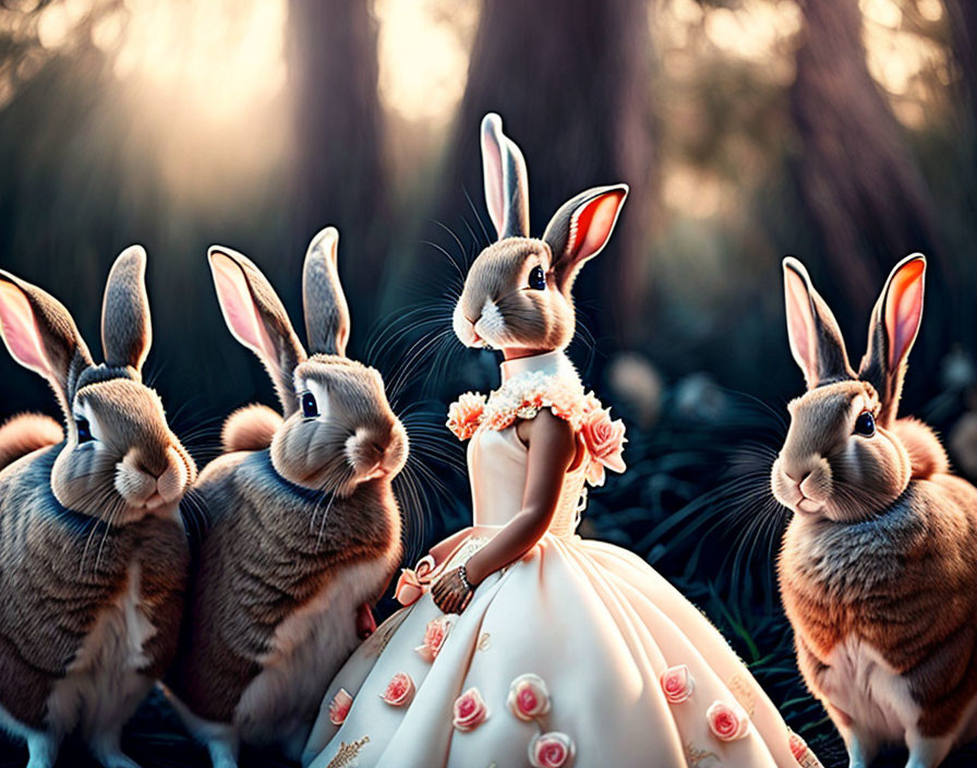 Anthropomorphic rabbits in forest setting with elegant white floral dress and magical backlight