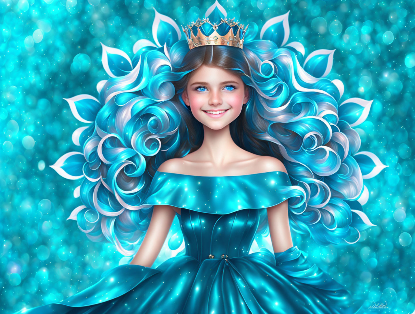 Smiling girl with voluminous blue hair and crown in sparkling blue dress on teal background