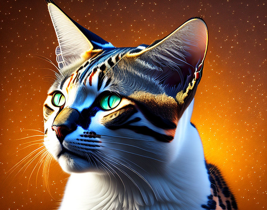 Intricate patterned cat with green eyes on orange background