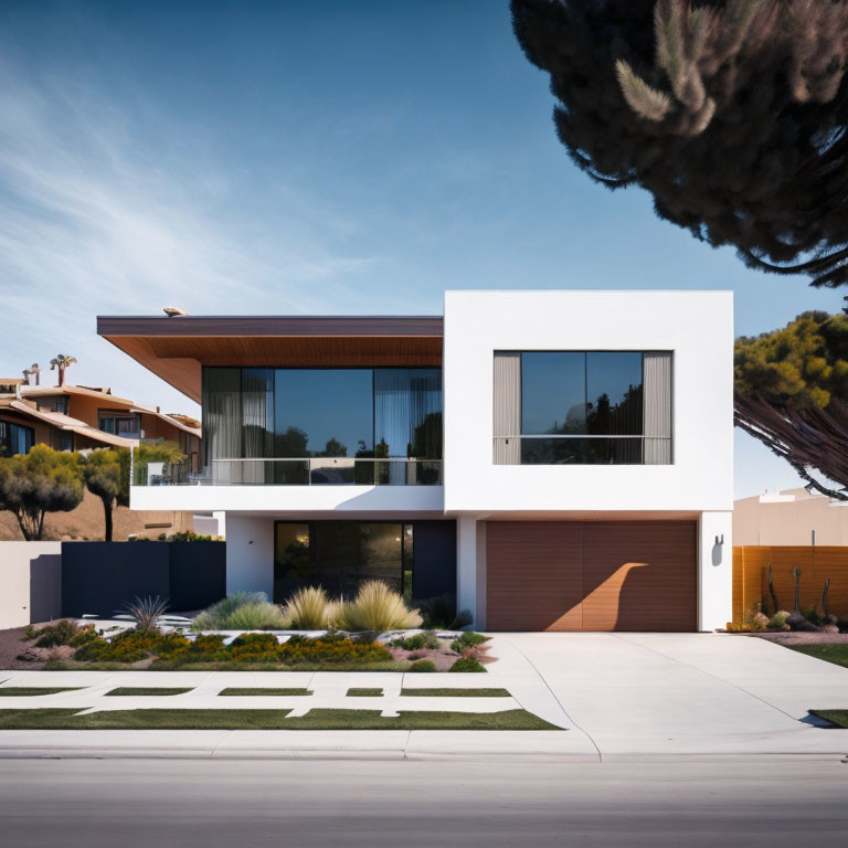 Modern Two-Story House with Flat Roof and Large Windows