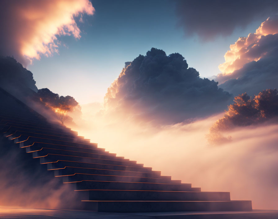 Dramatic sky with sunlight piercing through clouds over staircase