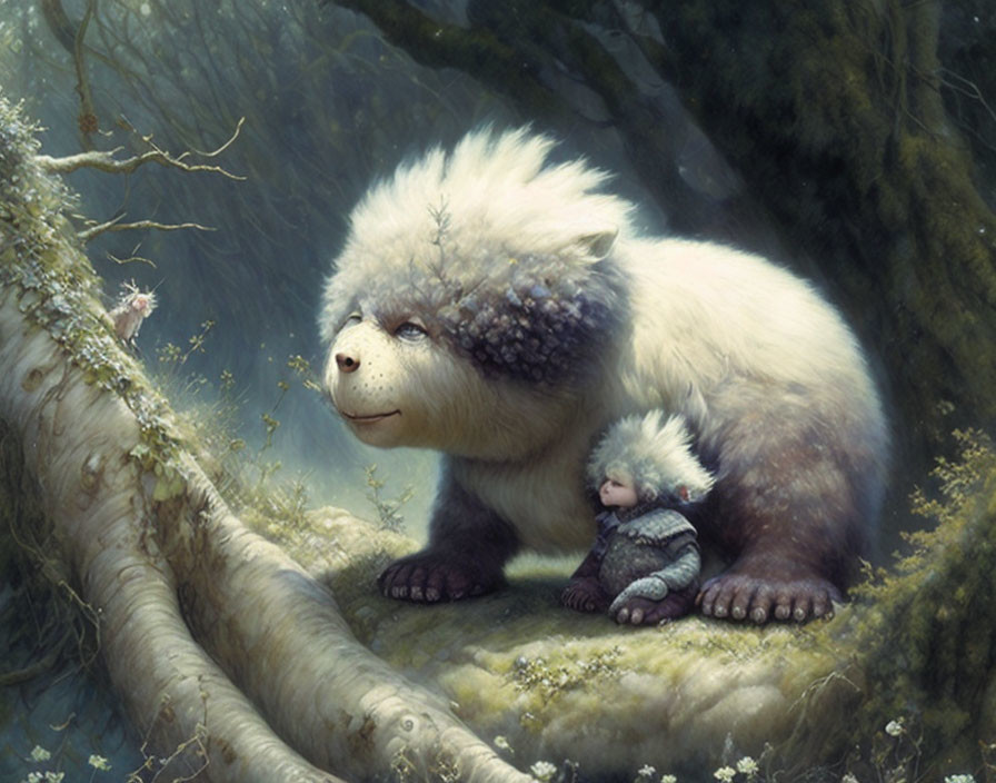 Illustration of giant bear-like creature with small one on back in mystical forest