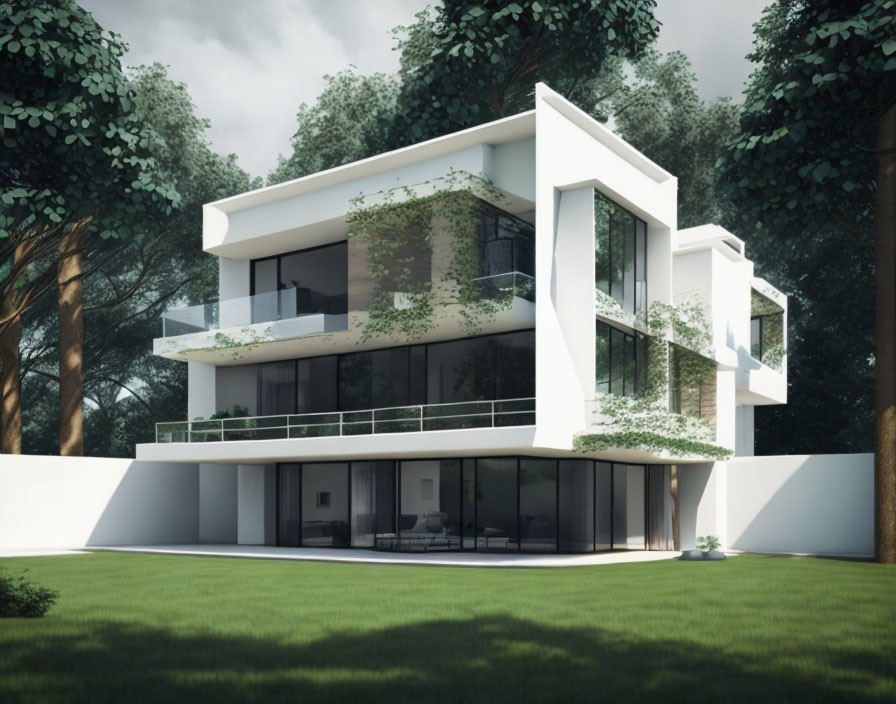 Contemporary two-story house with spacious windows, balconies, and lush surroundings